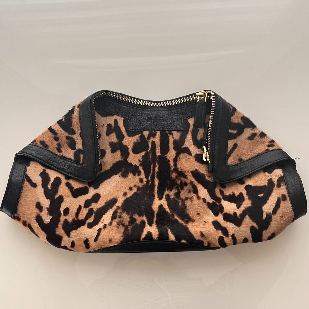 Alexander McQueen Calf Hair Leopard Print De Manta Clutch Brown Black